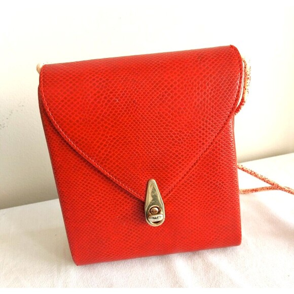 Vintage 80s Ande Hard Shell Red embossed snakeskin leather crossbody clutch bag - Picture 1 of 12